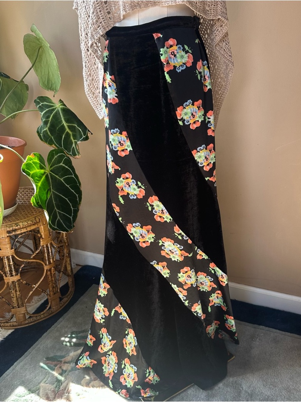 Free People Black Velvet Maxi Skirt with Orange & Green Floral Panels